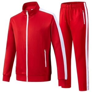 Men's Red Performance Track Jacket and Pants Set with White Stripe